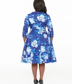 Unique Vintage Swing|Pocket Dresses>Hearts & Roses Plus Size Blue & White Floral Dafney Swing Dress