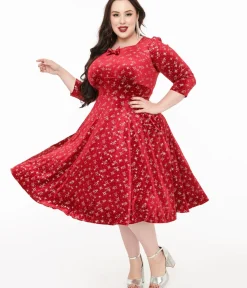 Unique Vintage Swing|Pocket Dresses>Hearts & Roses Plus Size Burgundy Sparkle Paris Swing Dress