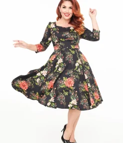 Unique Vintage Swing|Everyday Dresses>Hearts & Roses Winter Floral Isla Swing Dress
