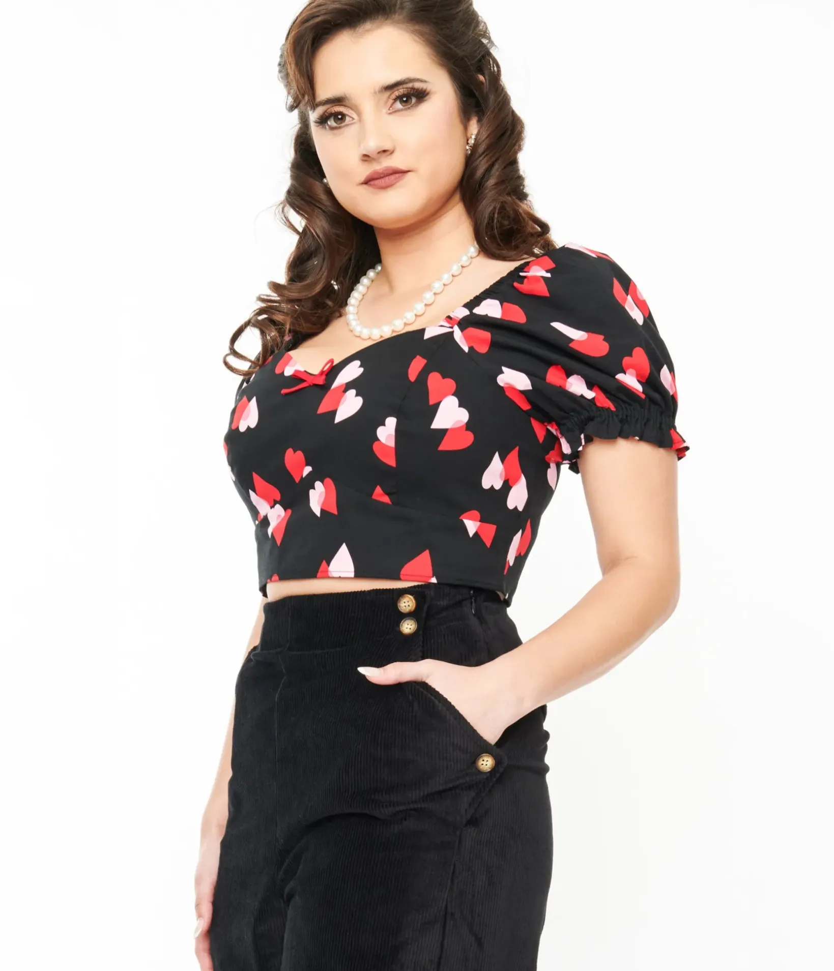 Unique Vintage Blouses|Blouses>Hell Bunny Black & Red Hearts Crop Top