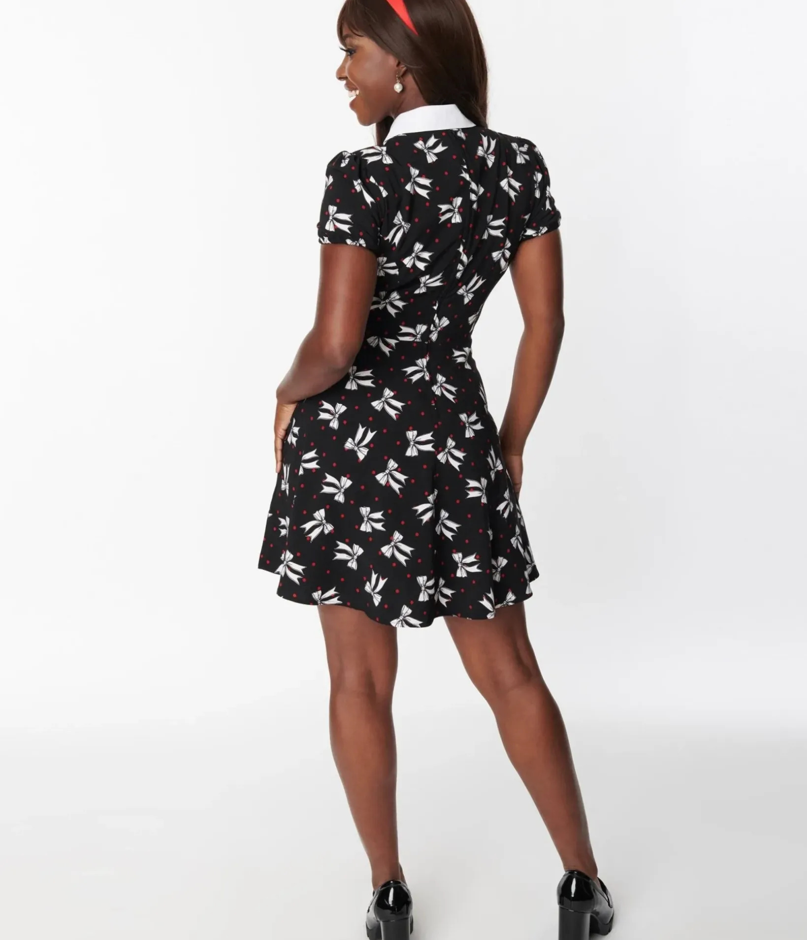 Unique Vintage Fit & Flare|Fit & Flare>Hell Bunny Black & White Bow Print Bobbie Mini Dress