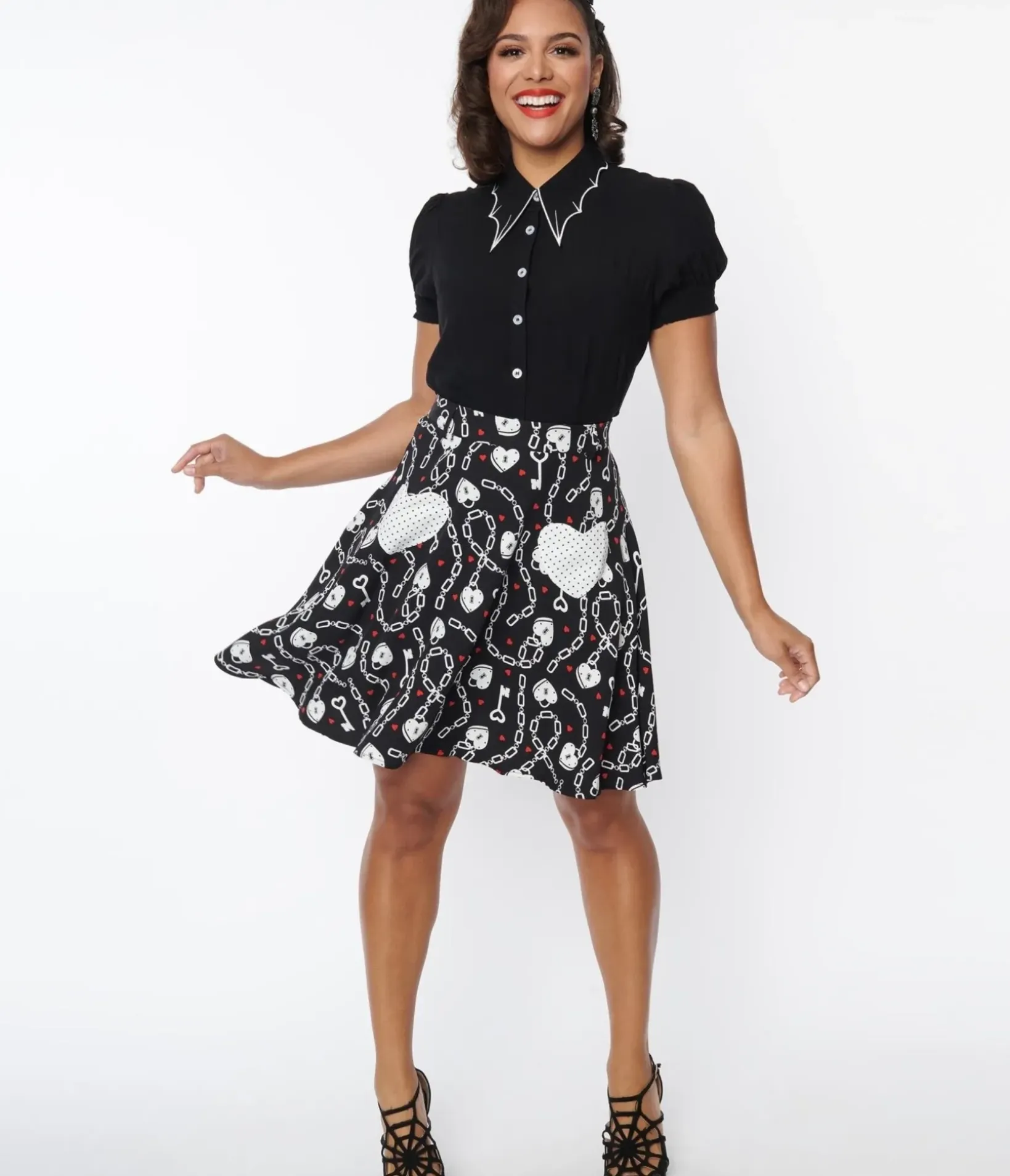 Unique Vintage Skirts>Hell Bunny Black & White Heart Lock Mini Skirt