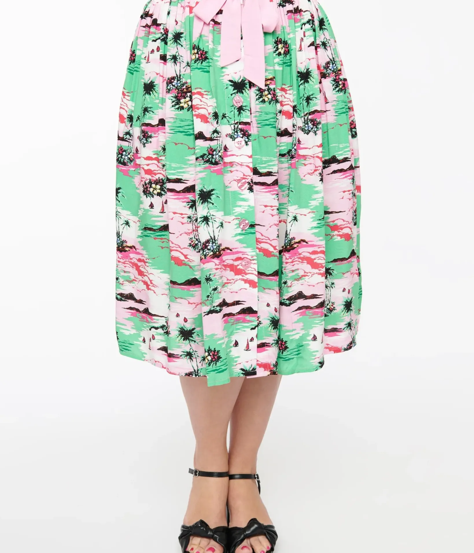 Unique Vintage Skirts|All Things Pink>Hell Bunny Pink & Green Tropical Print Midi Skirt
