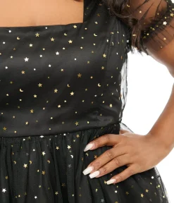 Unique Vintage Fit & Flare|Fit & Flare>Hell Bunny Plus Size Black & Gold Star Tulle Infinity Mini Dress