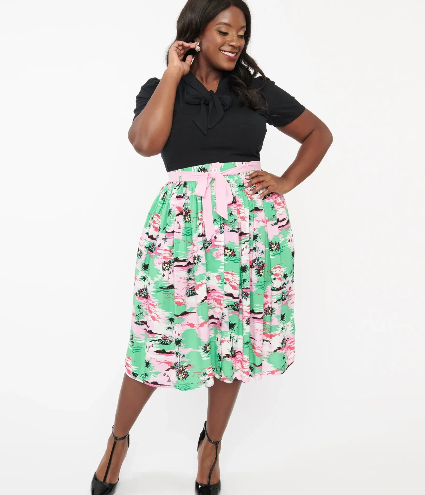 Unique Vintage Skirts|All Things Pink>Hell Bunny Plus Size Pink & Green Tropical Print Midi Skirt