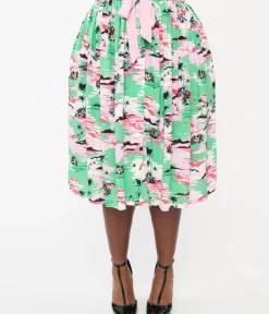 Unique Vintage Skirts|All Things Pink>Hell Bunny Plus Size Pink & Green Tropical Print Midi Skirt