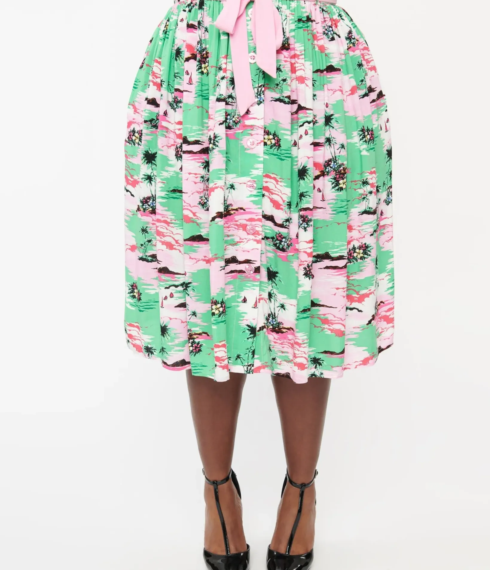 Unique Vintage Skirts|All Things Pink>Hell Bunny Plus Size Pink & Green Tropical Print Midi Skirt