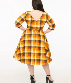 Unique Vintage Swing|Pocket Dresses>Hell Bunny Plus Size 1950s Autumn Check Cotton Darlene Swing Dress