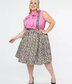 Unique Vintage Skirts|Skirts>Hell Bunny Plus Size 1950s Black & White Gingham & Fruit Cotton Pinafore Swing Skirt
