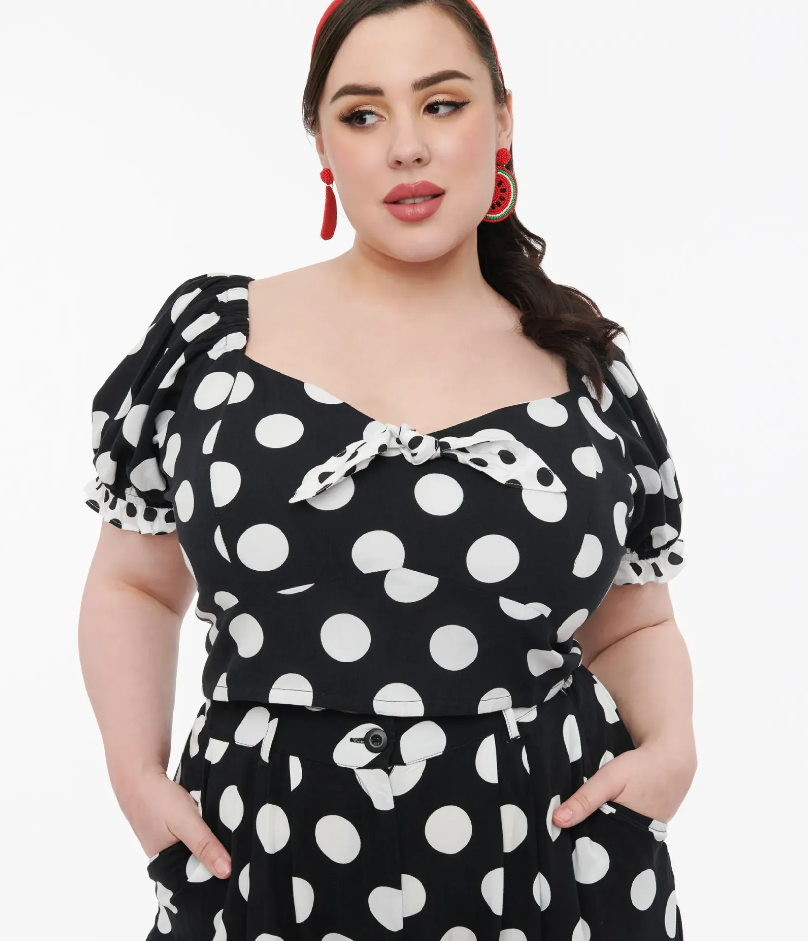 Unique Vintage Blouses|Blouses>Hell Bunny Plus Size 1960s Black & White Polka Dot Dolores Crop Top
