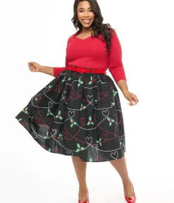 Unique Vintage Skirts|Skirts>Hell Bunny Plus Size 1950s Festive Hearts & Holly Print Angelica Swing Skirt