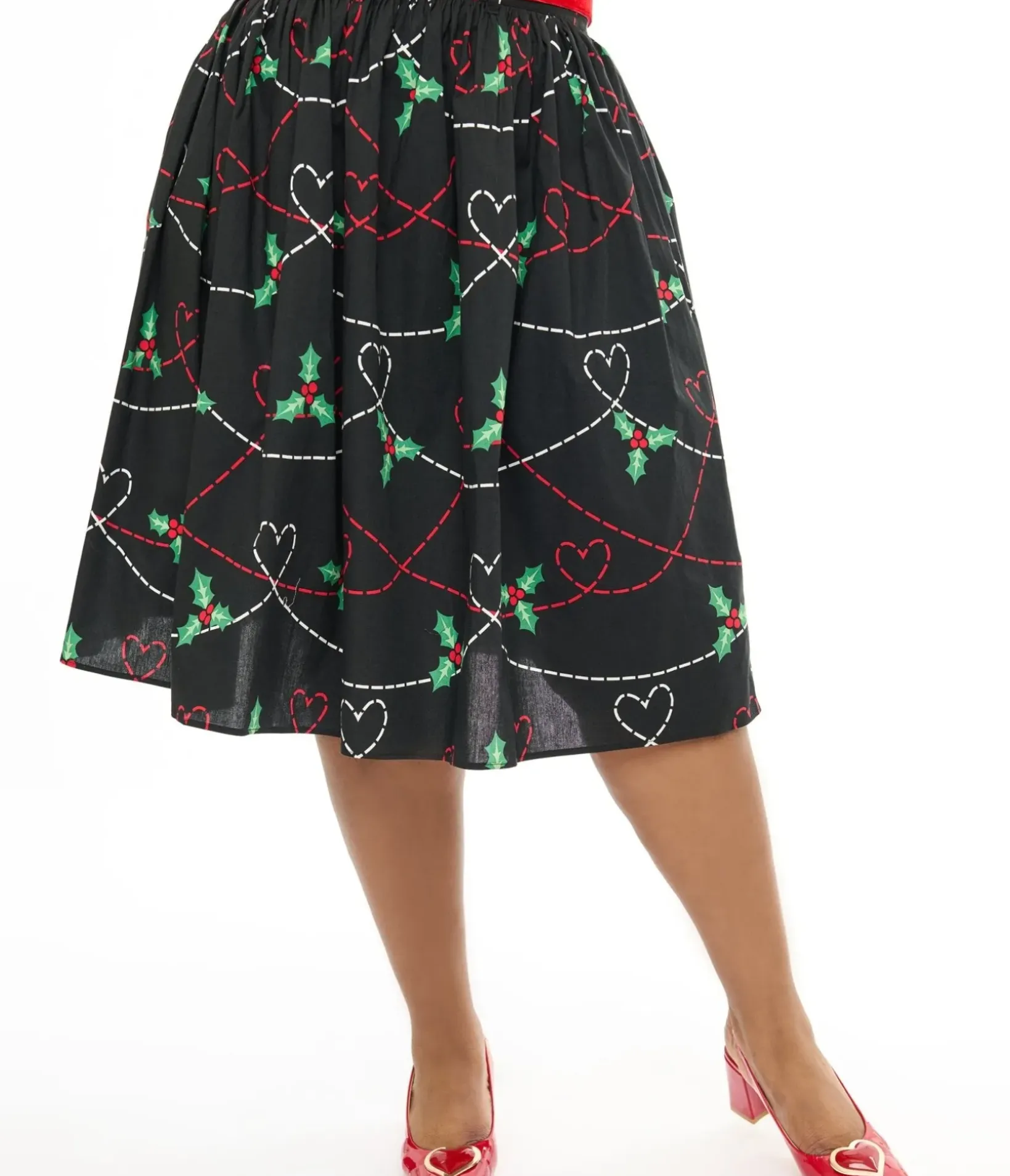 Unique Vintage Skirts|Skirts>Hell Bunny Plus Size 1950s Festive Hearts & Holly Print Angelica Swing Skirt