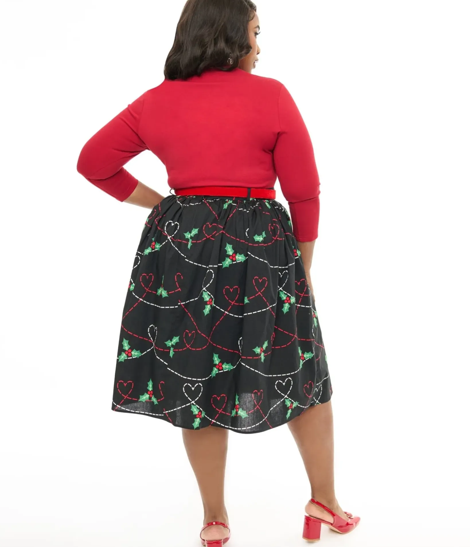 Unique Vintage Skirts|Skirts>Hell Bunny Plus Size 1950s Festive Hearts & Holly Print Angelica Swing Skirt