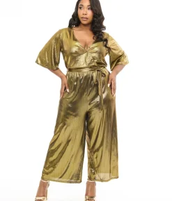 Unique Vintage Rompers & Jumpsuits|Rompers & Jumpsuits>Hell Bunny Plus Size 1970s Gold Lurex Jumpsuit