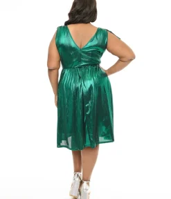 Unique Vintage Midi|Everyday Dresses>Hell Bunny Plus Size 1970s Green Metallic Gigi Midi Dress