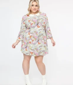 Unique Vintage Everyday Dresses>Hell Bunny Plus Size 1960s Pastel Rainbow Hazy Daze Floral Shift Dress