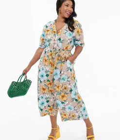 Unique Vintage Rompers & Jumpsuits|Rompers & Jumpsuits>Hell Bunny Plus Size 1970s Tan & Tropical Floral Print Jumpsuit