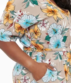 Unique Vintage Rompers & Jumpsuits|Rompers & Jumpsuits>Hell Bunny Plus Size 1970s Tan & Tropical Floral Print Jumpsuit