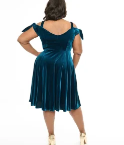 Unique Vintage Midi|Everyday Dresses>Hell Bunny Plus Size Teal Velvet Off The Shoulder Midi Dress