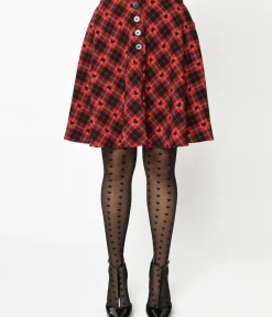 Unique Vintage Skirts|Skirts>Hell Bunny Red & Black Heart Plaid Date Night Skirt