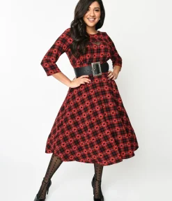 Unique Vintage Swing|Pocket Dresses>Hell Bunny Red & Black Heart Plaid Date Night Swing Dress