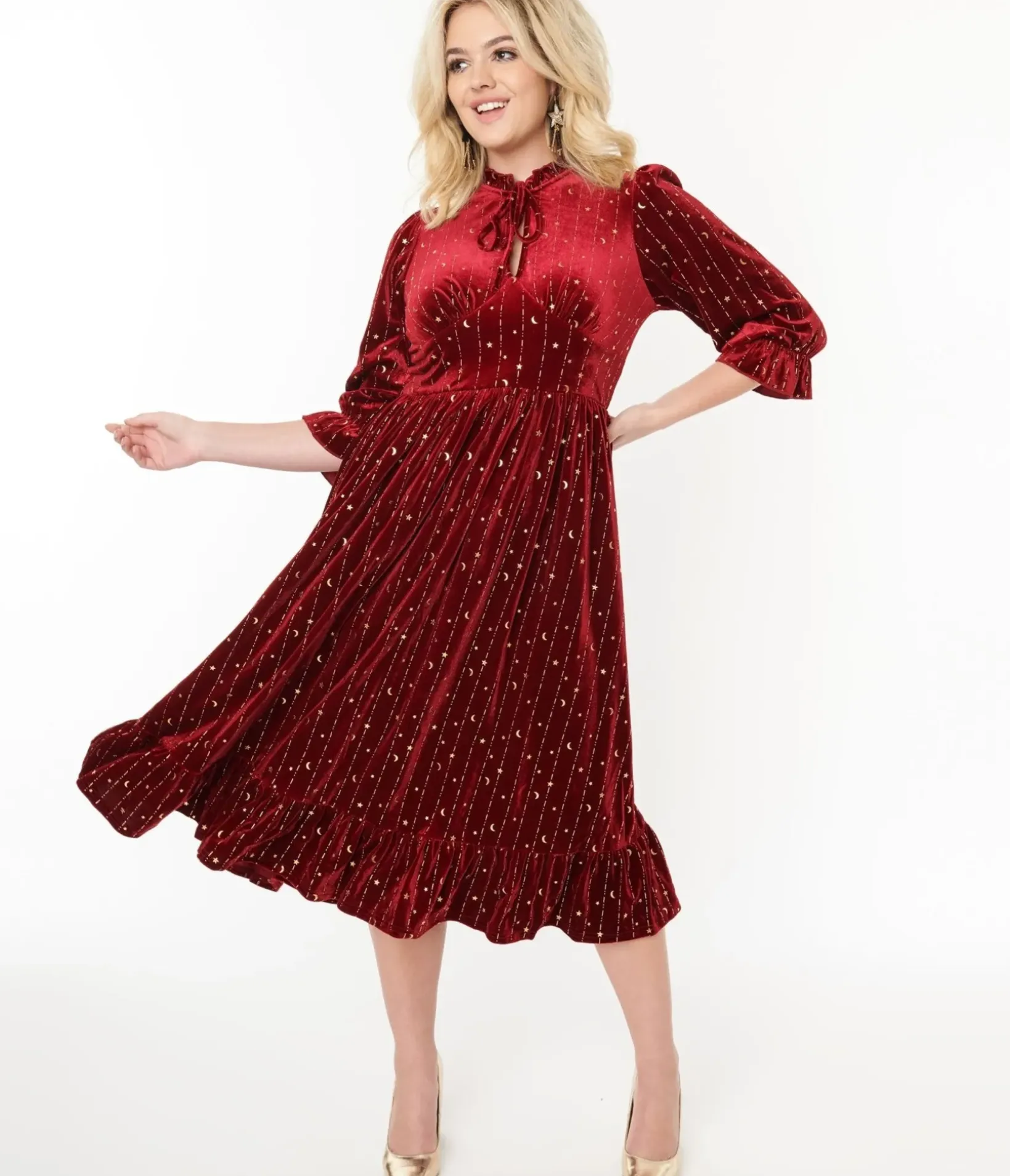 Unique Vintage Midi|Everyday Dresses>Hell Bunny Red Velvet & Gold Star Midi Dress