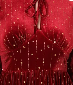 Unique Vintage Midi|Everyday Dresses>Hell Bunny Red Velvet & Gold Star Midi Dress