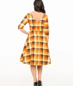 Unique Vintage Swing|Pocket Dresses>Hell Bunny 1950s Autumn Check Cotton Darlene Swing Dress