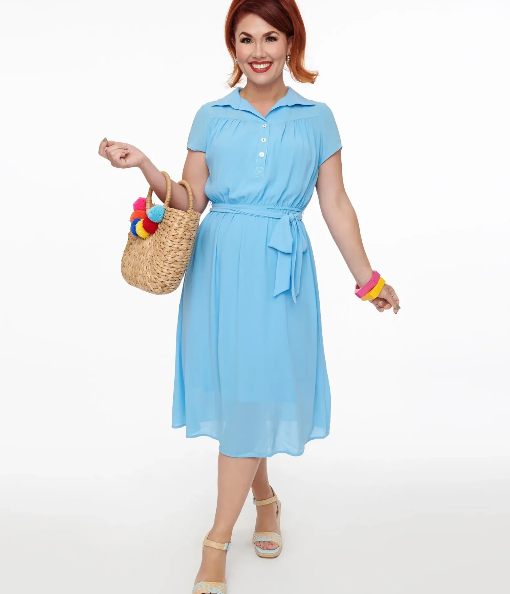 Unique Vintage Midi|Everyday Dresses>Hell Bunny 1930s Baby Blue Chiffon Midi Pearl Dress