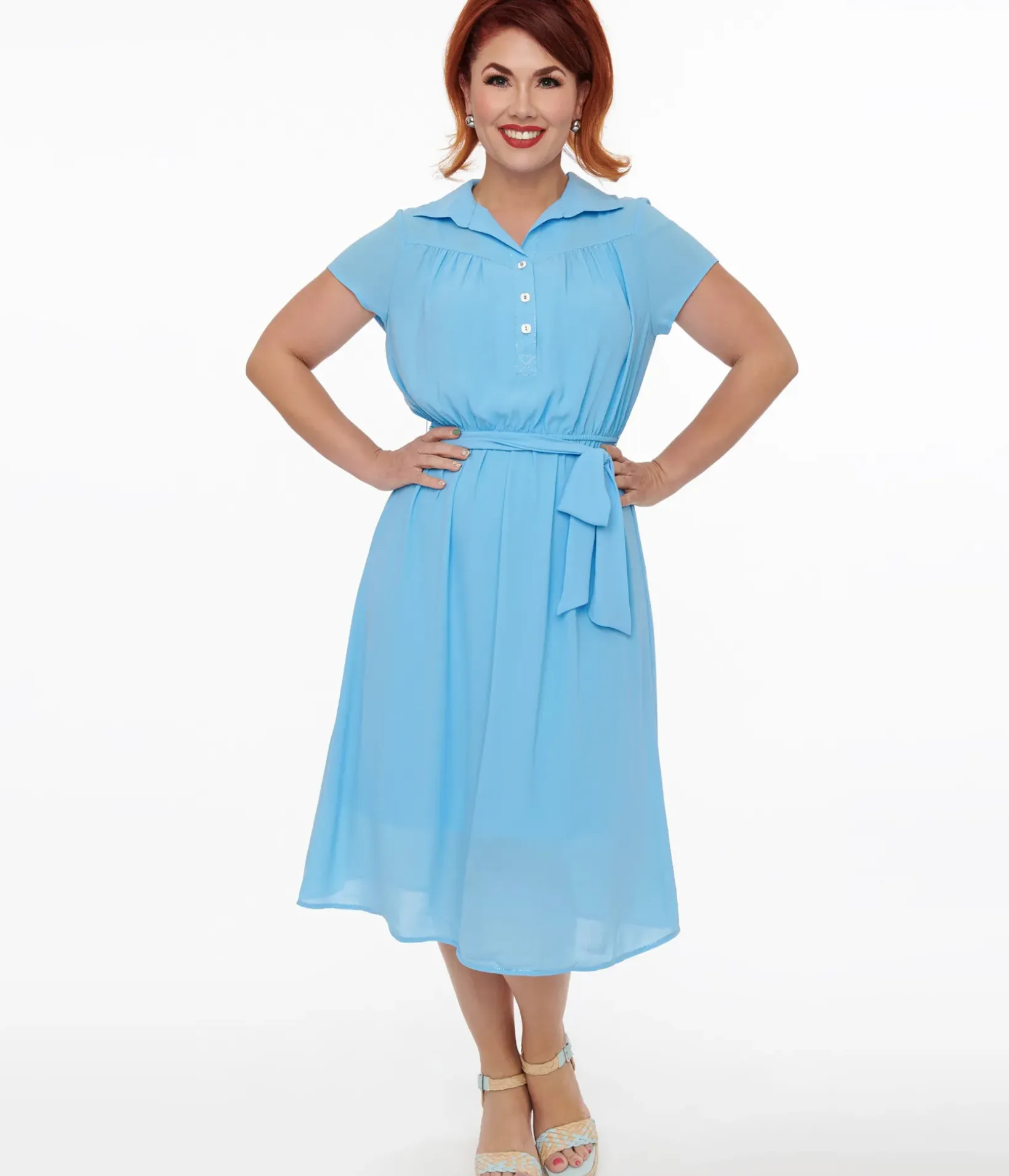 Unique Vintage Midi|Everyday Dresses>Hell Bunny 1930s Baby Blue Chiffon Midi Pearl Dress