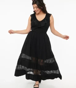 Unique Vintage Maxi|All Things Black>Hell Bunny 1970s Black Lace Stripe Maxi Dress