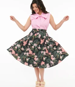 Unique Vintage Skirts|Summer Vacation>Hell Bunny 1950s Black & Pink Tropical Floral Print Cotton Calypso Swing Skirt