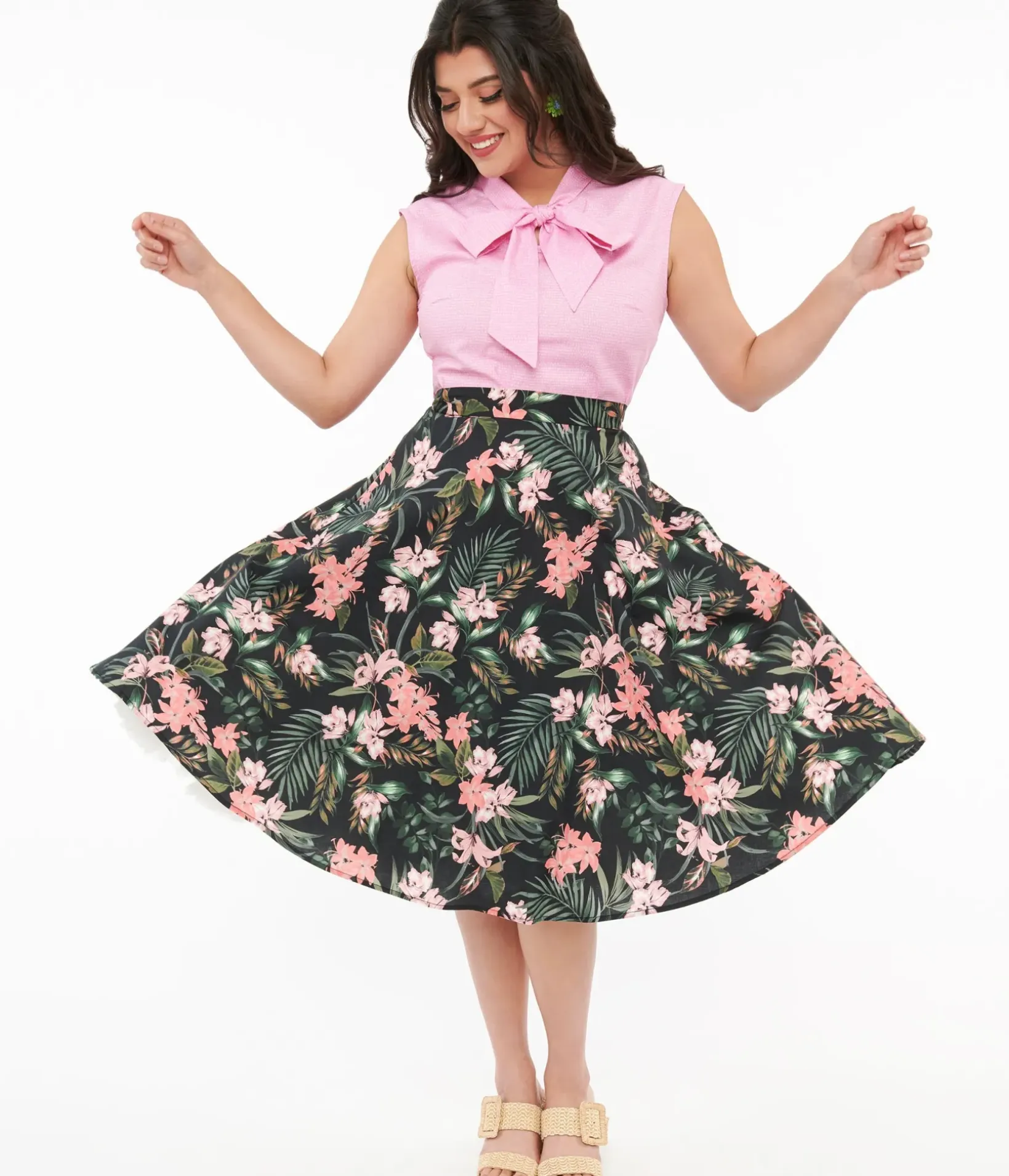 Unique Vintage Skirts|Summer Vacation>Hell Bunny 1950s Black & Pink Tropical Floral Print Cotton Calypso Swing Skirt