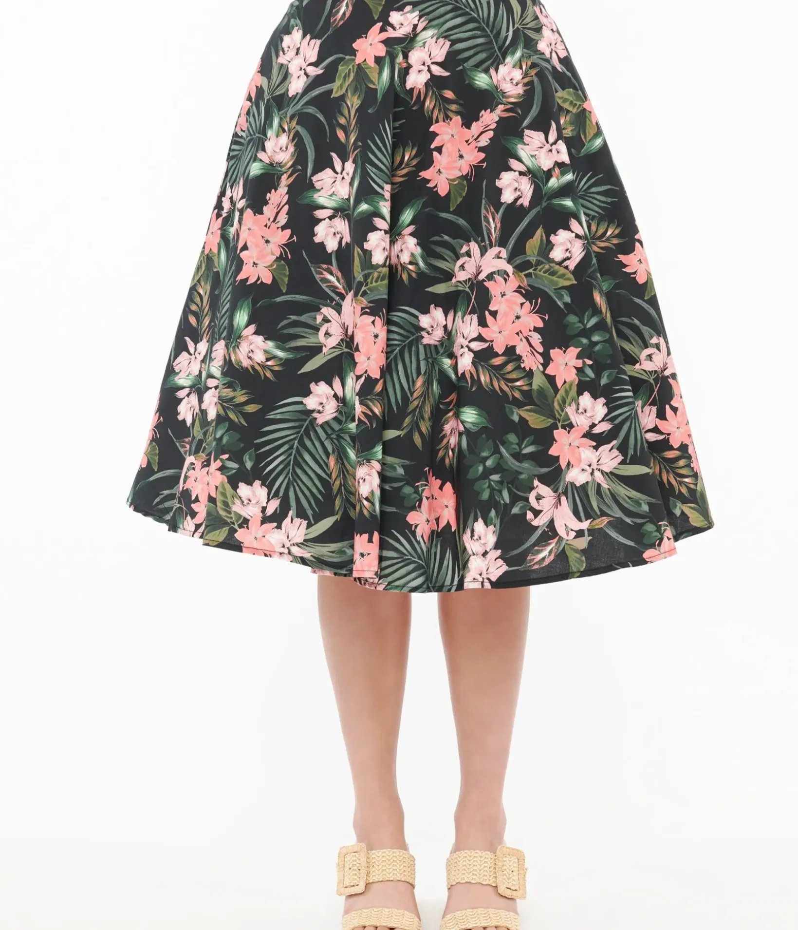 Unique Vintage Skirts|Summer Vacation>Hell Bunny 1950s Black & Pink Tropical Floral Print Cotton Calypso Swing Skirt
