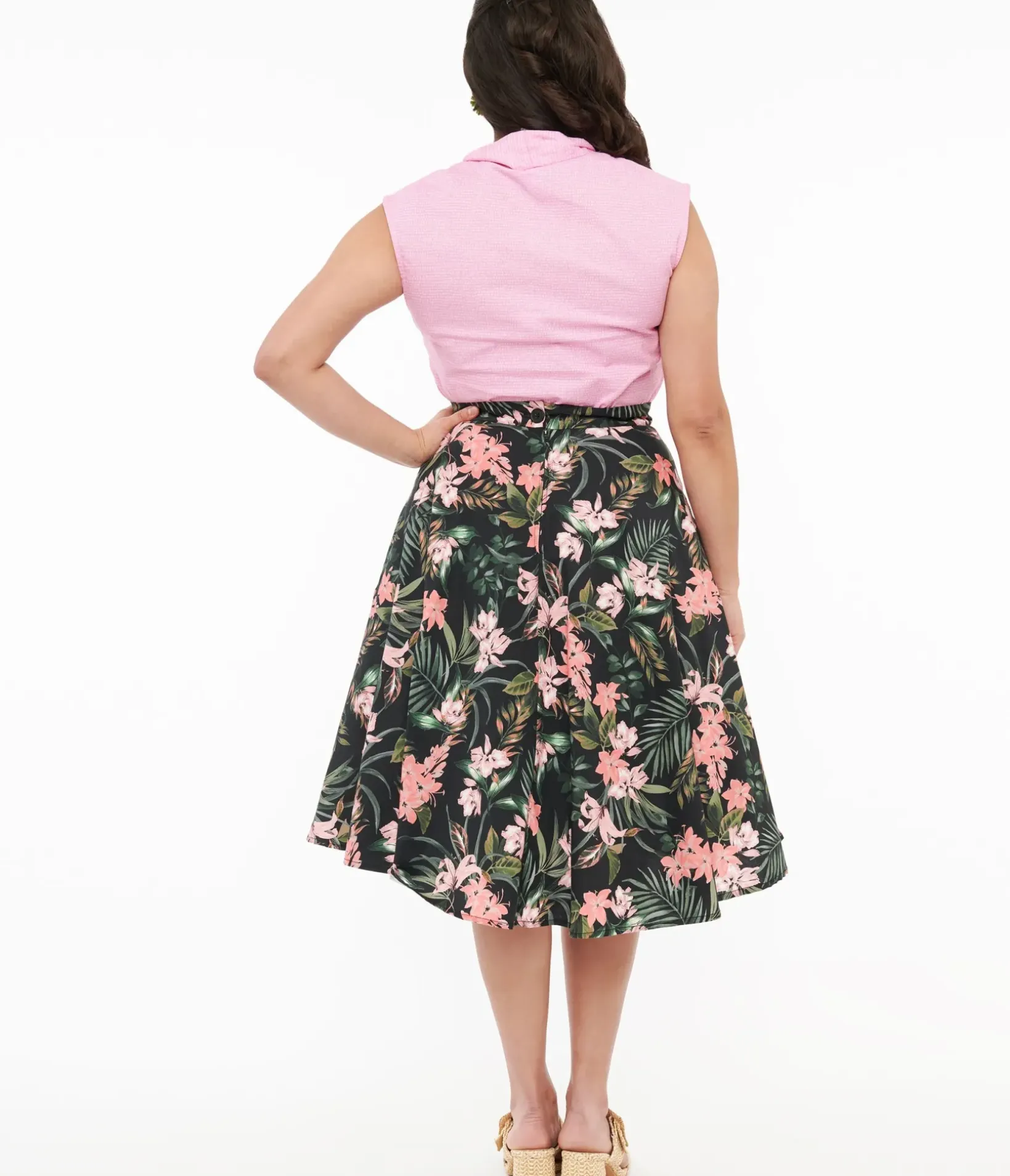 Unique Vintage Skirts|Summer Vacation>Hell Bunny 1950s Black & Pink Tropical Floral Print Cotton Calypso Swing Skirt