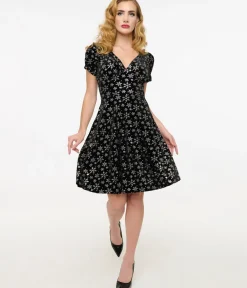 Unique Vintage Fit & Flare|Everyday Dresses>Hell Bunny 1950s Black & Silver Metallic Snowflake Velvet Fit & Flare Dress