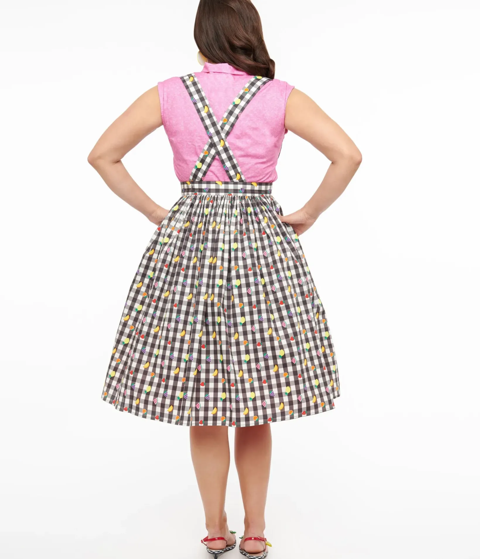 Unique Vintage Skirts>Hell Bunny 1950s Black & White Gingham & Fruit Cotton Pinafore Swing Skirt