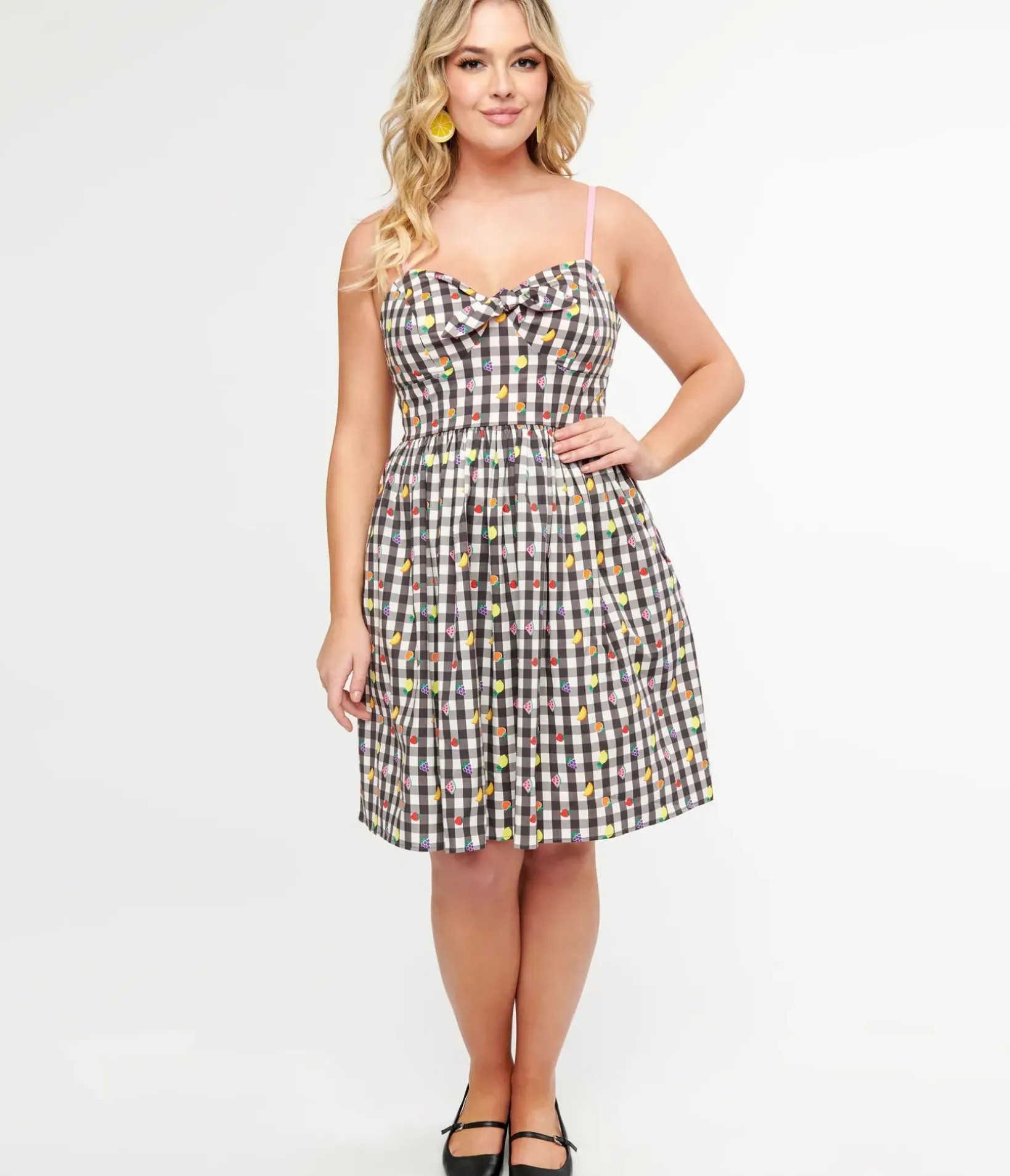 Unique Vintage Swing|Pocket Dresses>Hell Bunny 1950s Black & White Gingham & Fruit Cotton Swing Dress