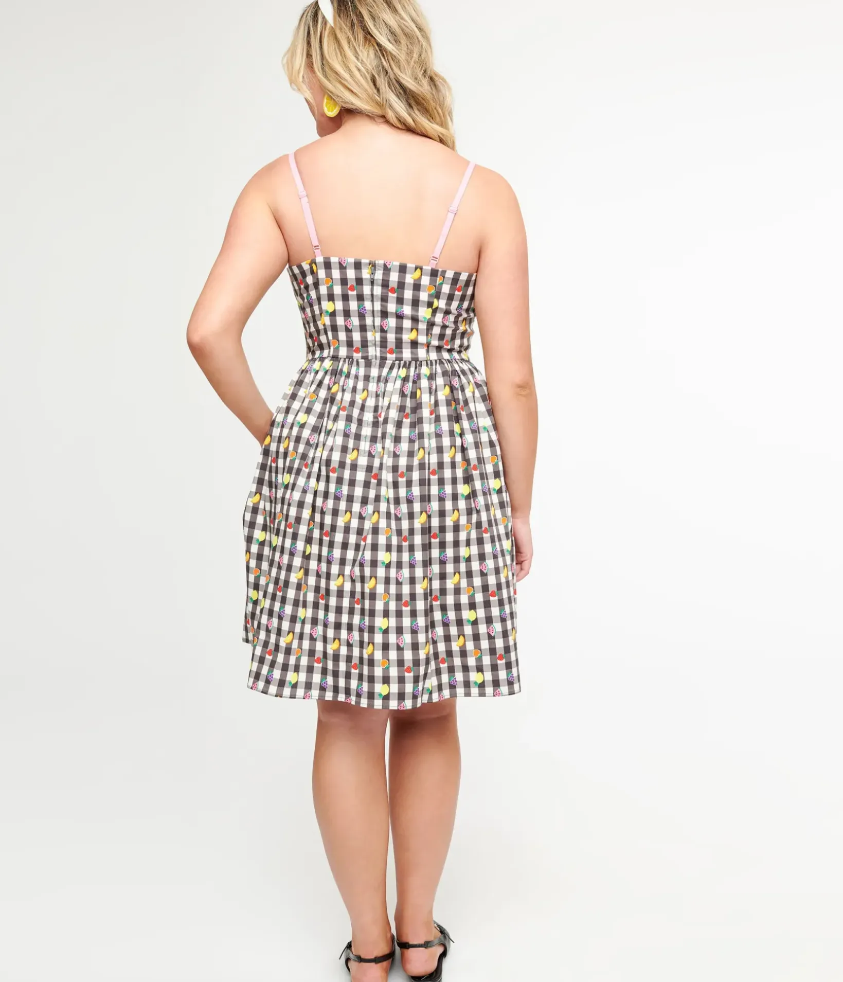 Unique Vintage Swing|Pocket Dresses>Hell Bunny 1950s Black & White Gingham & Fruit Cotton Swing Dress