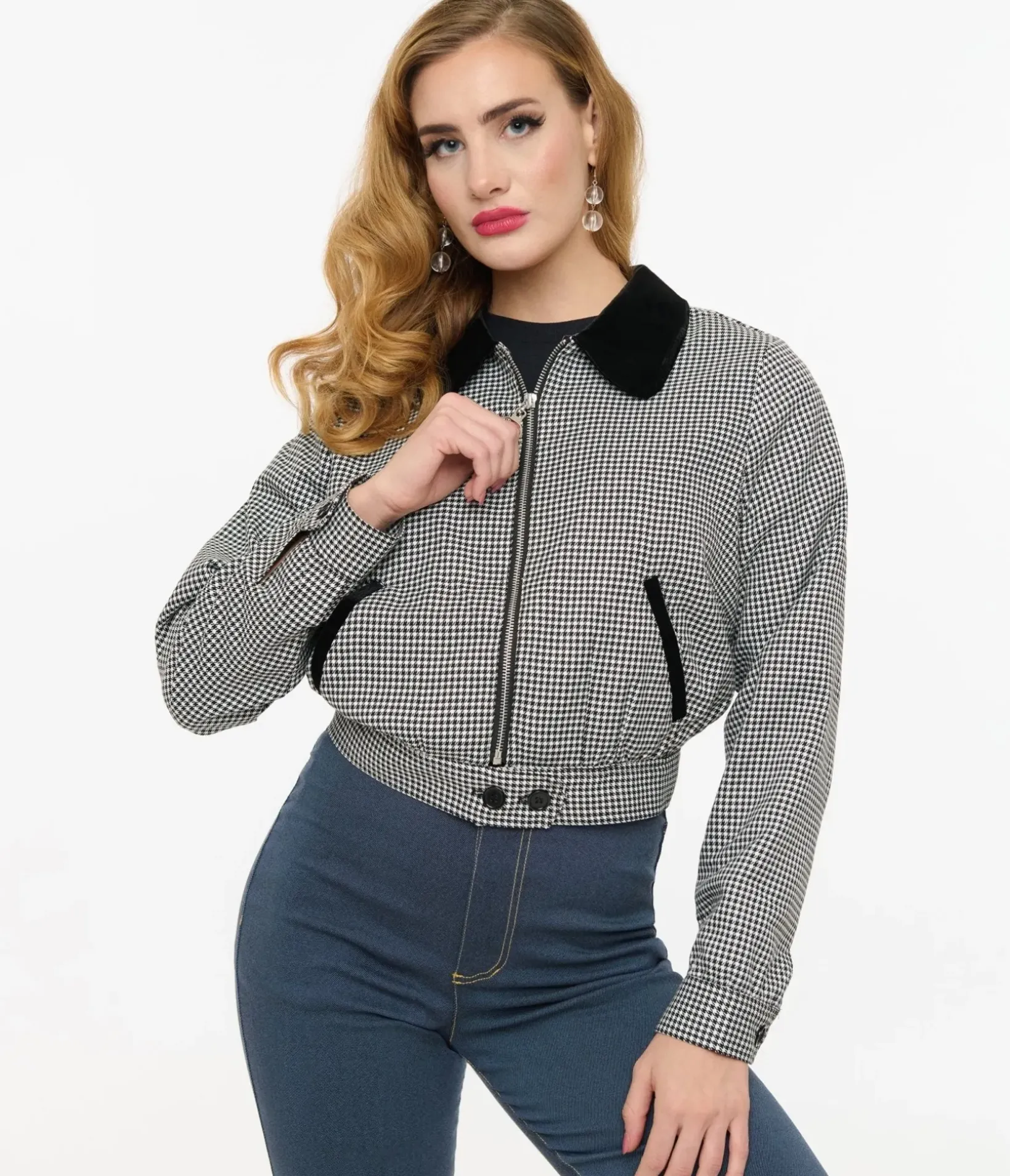 Unique Vintage Coats & Jackets>Hell Bunny 1940s Black & White Houndstooth Teddy Jacket