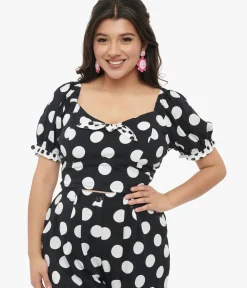 Unique Vintage Blouses>Hell Bunny 1960s Black & White Polka Dot Dolores Crop Top