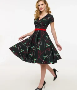 Unique Vintage Swing|Pocket Dresses>Hell Bunny 1950s Festive Hearts & Holly Print Angelica Swing Dress