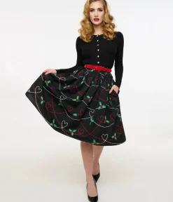 Unique Vintage Skirts>Hell Bunny 1950s Festive Hearts & Holly Print Angelica Swing Skirt