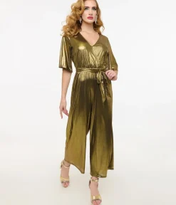 Unique Vintage Rompers & Jumpsuits>Hell Bunny 1970s Gold Lurex Jumpsuit