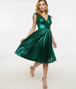 Unique Vintage Midi|Everyday Dresses>Hell Bunny 1970s Green Metallic Gigi Midi Dress