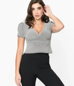 Unique Vintage Blouses|Blouses>Hell Bunny Silver Lurex Loco Motion Top