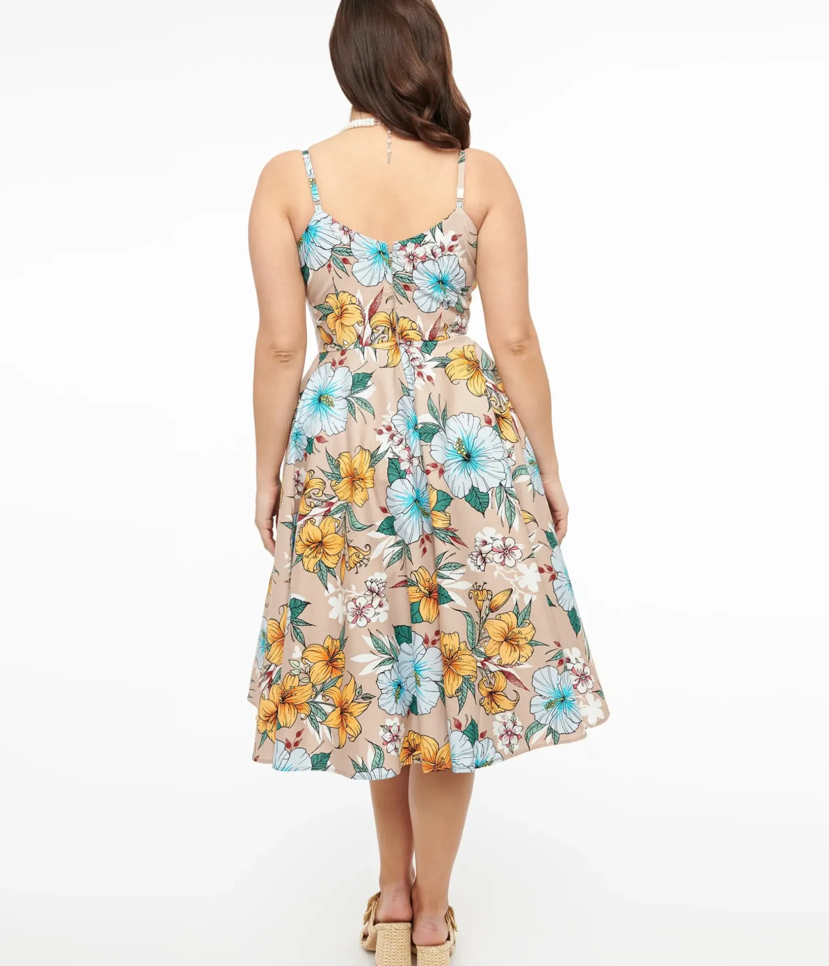Unique Vintage Midi|Pocket Dresses>Hell Bunny 1950s Light Brown & Blue Tropical Floral Print Cotton Pattaya Midi Dress