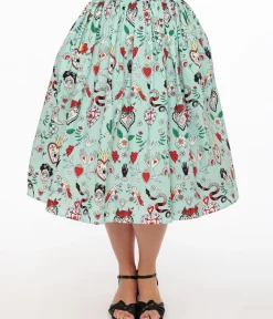 Unique Vintage Skirts>Hell Bunny 1950s Mint Green Tijuana Print Cotton Swing Skirt