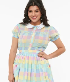 Unique Vintage Blouses|Pride>Hell Bunny 1950s Pastel Check Collared Skye Blouse
