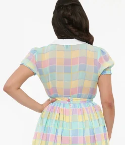 Unique Vintage Blouses|Pride>Hell Bunny 1950s Pastel Check Collared Skye Blouse